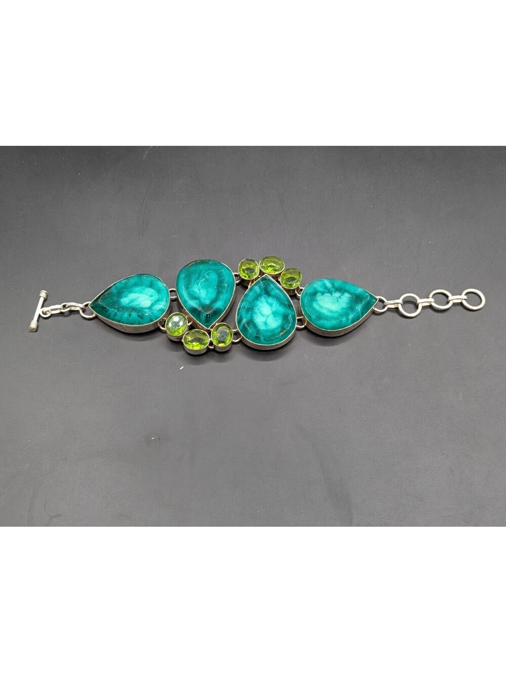 Boho Silver Plated Statement Bracelet Faux Teal Solar Quartz Druzy Green Crystal